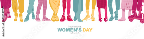 International Women's Day banner. Different women stand side by side together. Modern concept.	