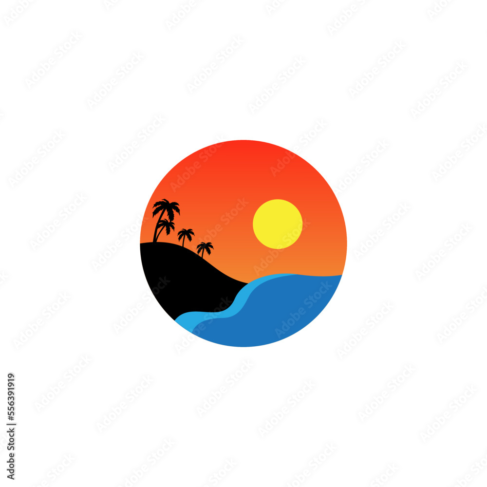 vector illustration of beach scene at sunset for icon,symbol or logo. beach template logo vector illustration of beach scene at sunset for icon,symbol or logo. beach template logo