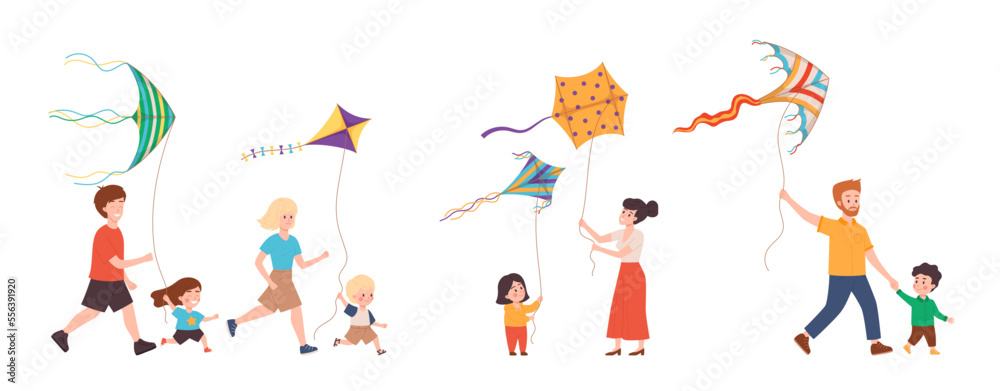 Set of happy families with kids flying colorful kites, flat vector illustration isolated on white background.