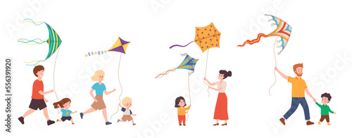 Set of happy families with kids flying colorful kites  flat vector illustration isolated on white background.