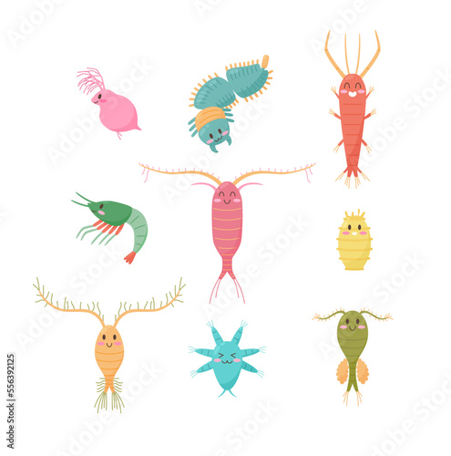 Small crustaceans zooplankton cute funny characters set, flat vector isolated. photo