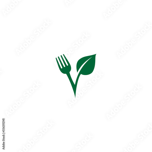 vector illustration of leaves and cutlery. organic food logo, food and drink icon, healthy food symbol 