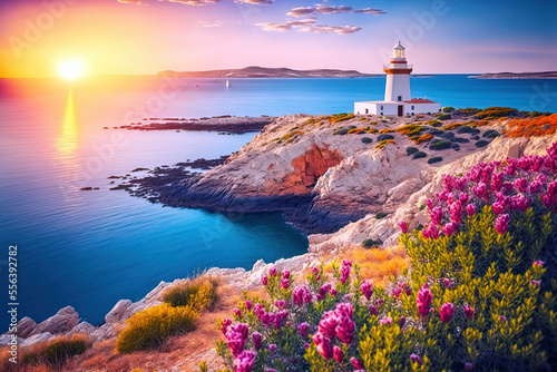 Colorful morning scene of Sardinia, Italy, Europe. Fantastic sunrise on Capo San Marco Lighthouse on Del Sinis peninsula. Picturesque seascape of Mediterranean sea. Digital artwork photo