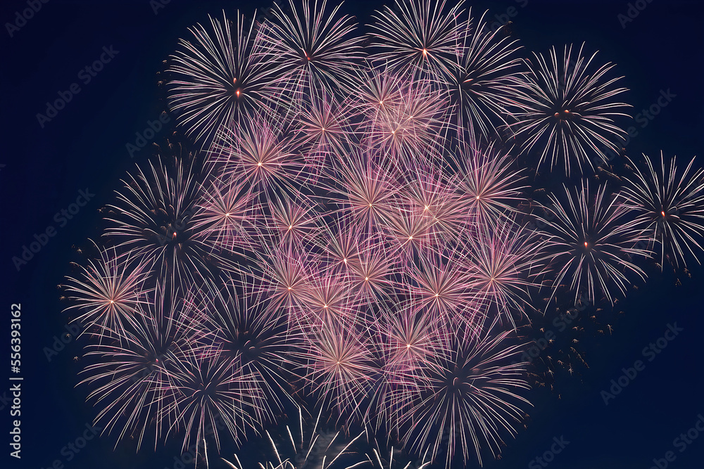 New Year’s Eve fireworks in night sky. Happy New Year holidays party celebration. Generative AI New Year’s Eve fireworks in night sky. Happy New Year holidays party celebration. Generative AI