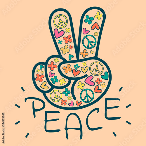 Icon, sticker in hippie style with floral V sign and text Peace on a beige background with flowers, hearts and peace signs