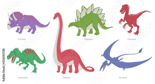 Set of various dinosaurs with names - flat vector illustration isolated on white background.