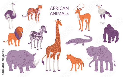 African animals set  flat vector illustration isolated on white background.