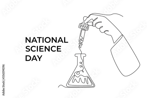 Single one line drawing scientist hand dropping chemical liquid to flask in a laboratory. Science day concept. Continuous line draw design graphic vector illustration.