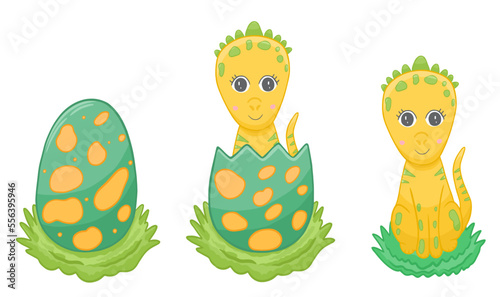 Set with hatched egg and baby dino. Life cycle concept