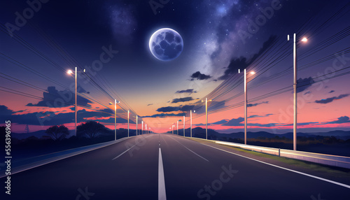 Drawing of the night road. A beautiful sky with the moon and stars. Power transmission towers. The road into the distance. © Nereida