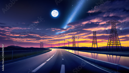 Drawing of the night road. A beautiful sky with the moon and stars. Power transmission towers. The road into the distance. © Nereida