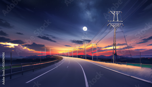 Drawing of the night road. A beautiful sky with the moon and stars. Power transmission towers. The road into the distance.