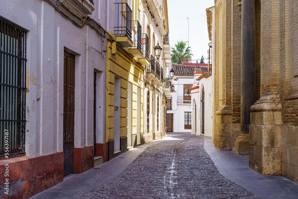 Narrow alley with picturesque houses and medieval church walls in the tourist town of Ecija, Seville.