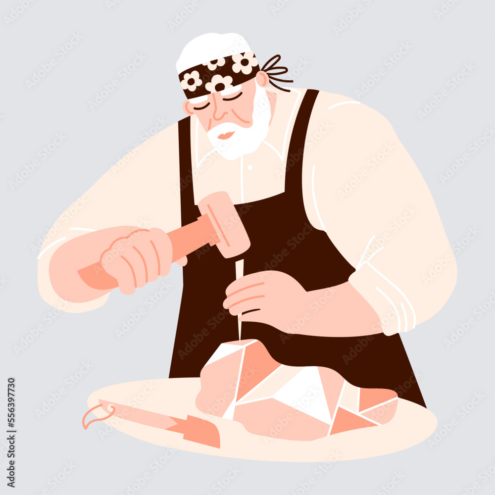 Male sculptor carving a piece of stone using chisel and hammer.  Portrait of a man working on a sculpture. Vector flat illustration with stonecutter - obrazy, fototapety, plakaty 
