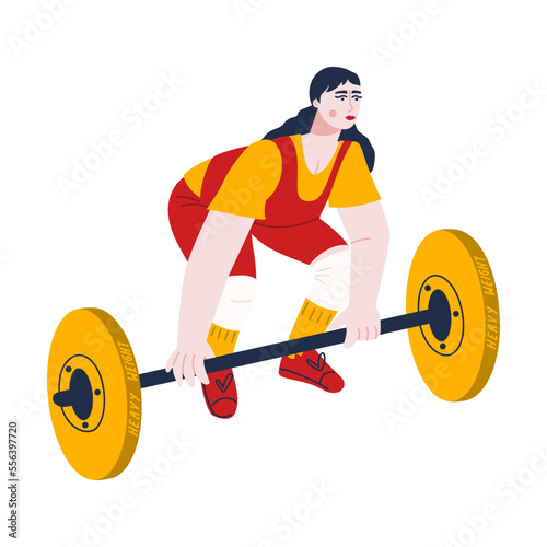 Strong female weightlifter preparing to stand an exercise called deadlift. Young woman powerlifter lifting barbell. Heavy athlete in sport training. Vector flat illustration
