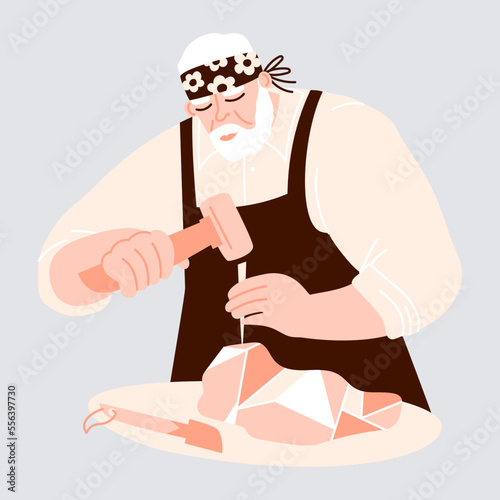 Male sculptor carving a piece of stone using chisel and hammer.  Portrait of a man working on a sculpture. Vector flat illustration with stonecutter