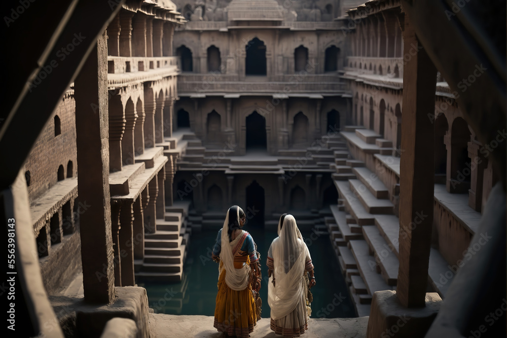 Generative AI : a group of women in ancient India collecting water from a massive ornate stepwell	
