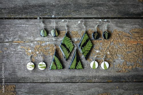 Close up earrings with fern leaves set concept photo. Handmade jewelry. Top view photography with wooden display on background. High quality picture for wallpaper, travel blog, magazine, article photo