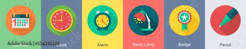 A set of 6 Education icons as calendar, clock, alarm