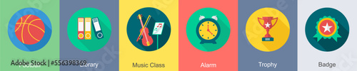 A set of 6 Education icons as football, library, music class