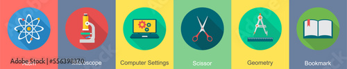 A set of 6 Education icons as atom, microscope, computer settings