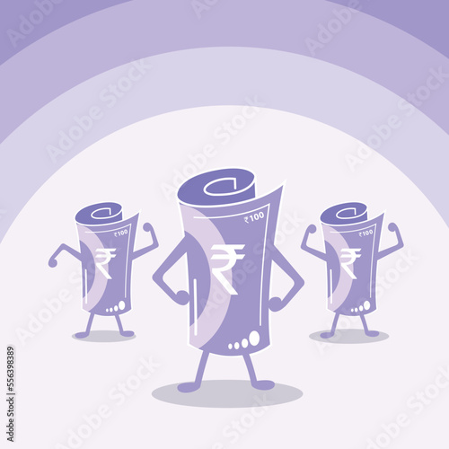 Indian rupee character. Indian Rupee Vector Illustration. Rolled Indian rupee character New 100 rupee banknote. Flat style Indian hundred rupees vector illustration. New Indian Currency