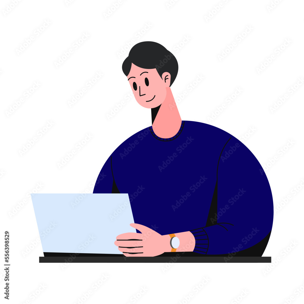 Man working on his laptop, smiling man with blue sweater and watch doing his freelance job seriously, people illustration vector. Man working on his laptop, smiling man with blue sweater and watch doing his freelance job seriously, people illustration vector.