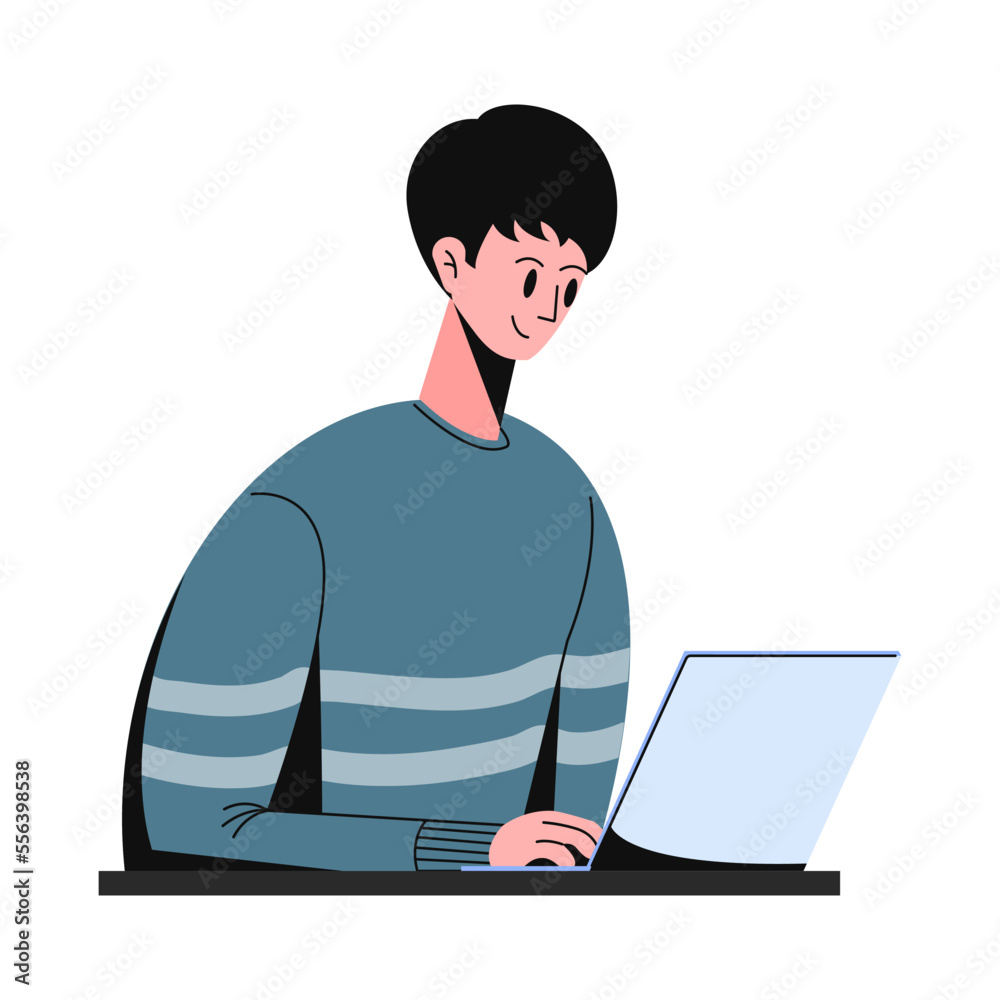 Smiling man with sweater working on his laptop doing his freelance job at the office or home, people illustration vector Smiling man with sweater working on his laptop doing his freelance job at the office or home, people illustration vector