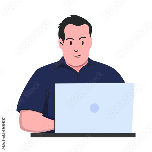 Big man wearing shirt is using his laptop doing his freelance or full time job at the office or home, people illustration vector.