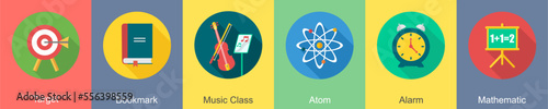 A set of 6 Education icons as target, bookmark, music class
