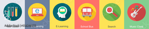 A set of 6 Education icons as test tubes, e learning, school bus photo