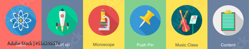 A set of 6 Education icons as atom, start up, microscope