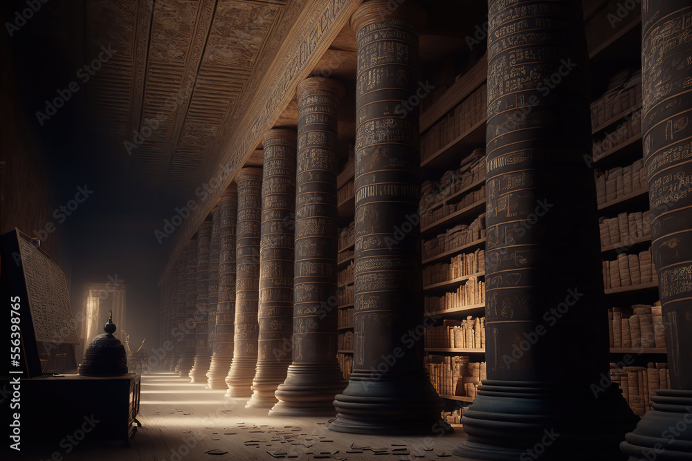 generative AI : inside of the ancient library at Alexandria. Huge racks of papyrus scrolls. Walls covered with hieroglyphs - obrazy, fototapety, plakaty 