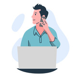 Business man using his phone and there is a laptop in front of him, employee working from home or office, freelancer, illustration vector flat style.