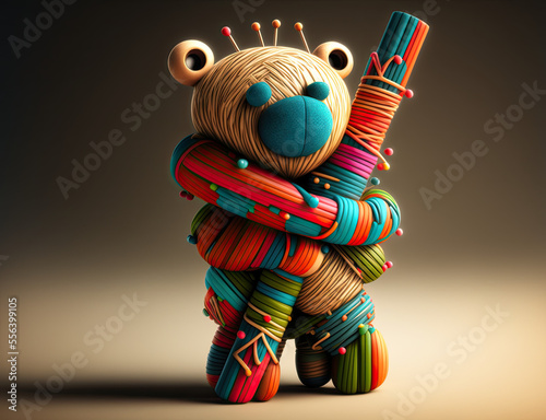3d rendered illustration of one very cute character made of fabrics felt an plastic giving hug to a color crayon, generative ai illustration