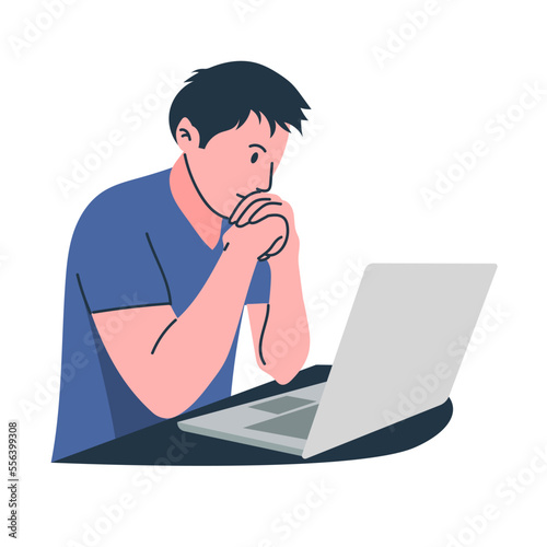 Young businessman thinking in front of his laptop, employee working using laptop at the office, freelancer at home, illustration vector flat style.