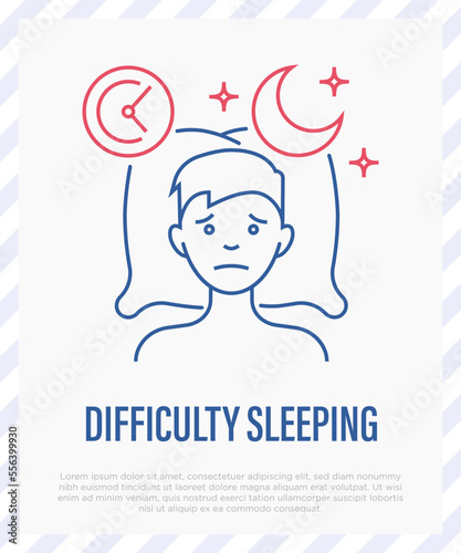 Insomnia: tired man lying on pillow, sleepless, depression, stress. Thin line icon. Vector illustration.