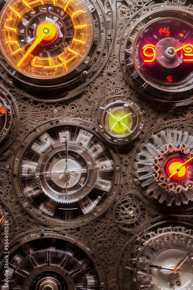 Detail of unreal time machine with gears, displays and luminous digits, made with generative AI Detail of unreal time machine with gears, displays and luminous digits, made with generative AI
