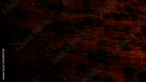 Futuristic wave with lines and dots. Abstract background with a dynamic wave. Particle placement with hanging dots in space. Large data background. 3d rendering.