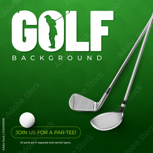 Golf clubs and ball with shadows on green