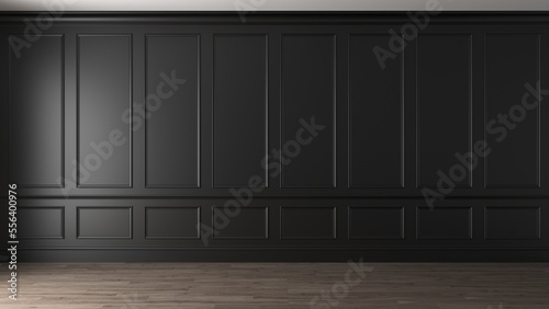 Black empty interior in classic style. The dark wall is decorated with moldings. Background modern rendering of an architectural interior. 3d render illustration mock up.