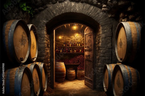 Murais de parede Winery, wine cellar with many barrels and bottles of wine, interior furnished tr