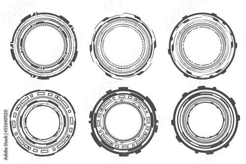 HUD futuristic elements. Abstract optical aim. Circle geometric shapes for virtual interface and games. Camera viewfinder for sniper weapon. Vector set