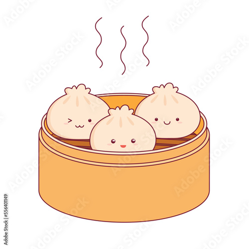 Cute happy smiling dim sum. Vector flat cartoon character illustration. Asian, chinese food menu. Dim sum logo concept