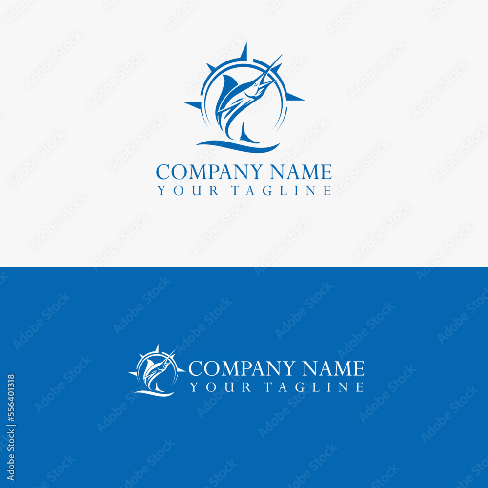 Marlin fish silhouette vector logo with compass. Fishing template logo.