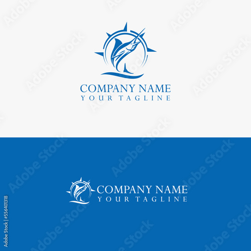 Marlin fish silhouette vector logo with compass. Fishing template logo.