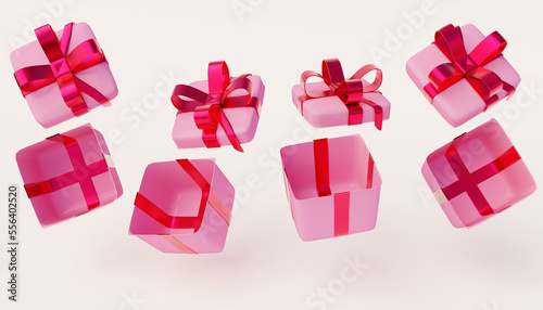 3D illustration of four gift boxes open in different directions. Perfect for Valentine's Day and Mother's Day