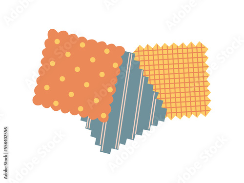 Three swatches of fabric in different colors. Sewing concept. Hand drawn vector illustration isolated on white background. Modern flat cartoon style.