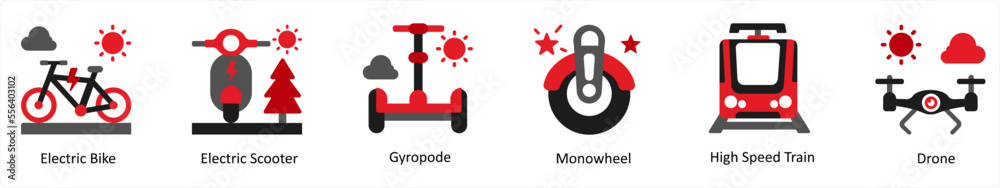Six Technology Red and Black icons as electric bike, electric scooter, gyropode Six Technology Red and Black icons as electric bike, electric scooter, gyropode