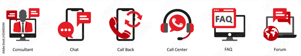 Six Customer Support Red and Black Icons as consultant, chat, call back Six Customer Support Red and Black Icons as consultant, chat, call back